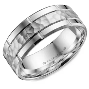 14K White Gold Brushed Hammered Center High Polish Sides Men's Wedding Band 8mm