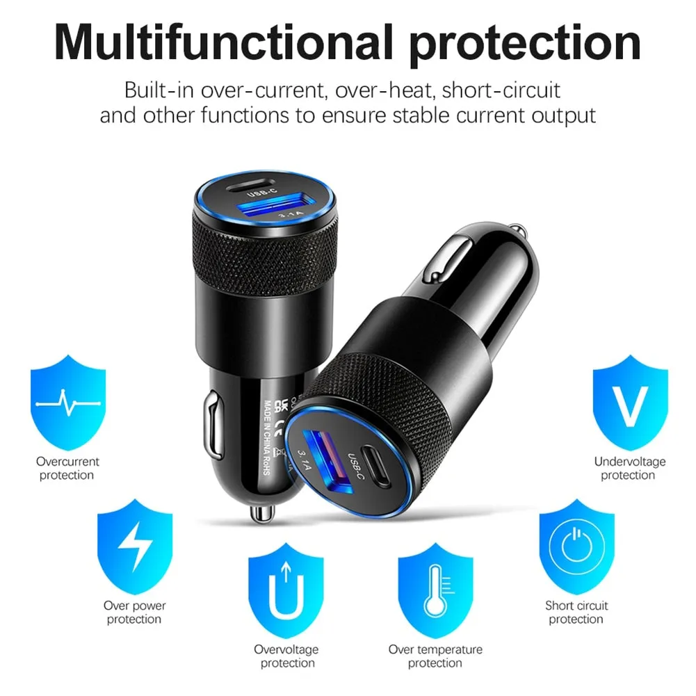3.1A USB PD Car Charger 1 To 2 Threaded Plug Mini Portable