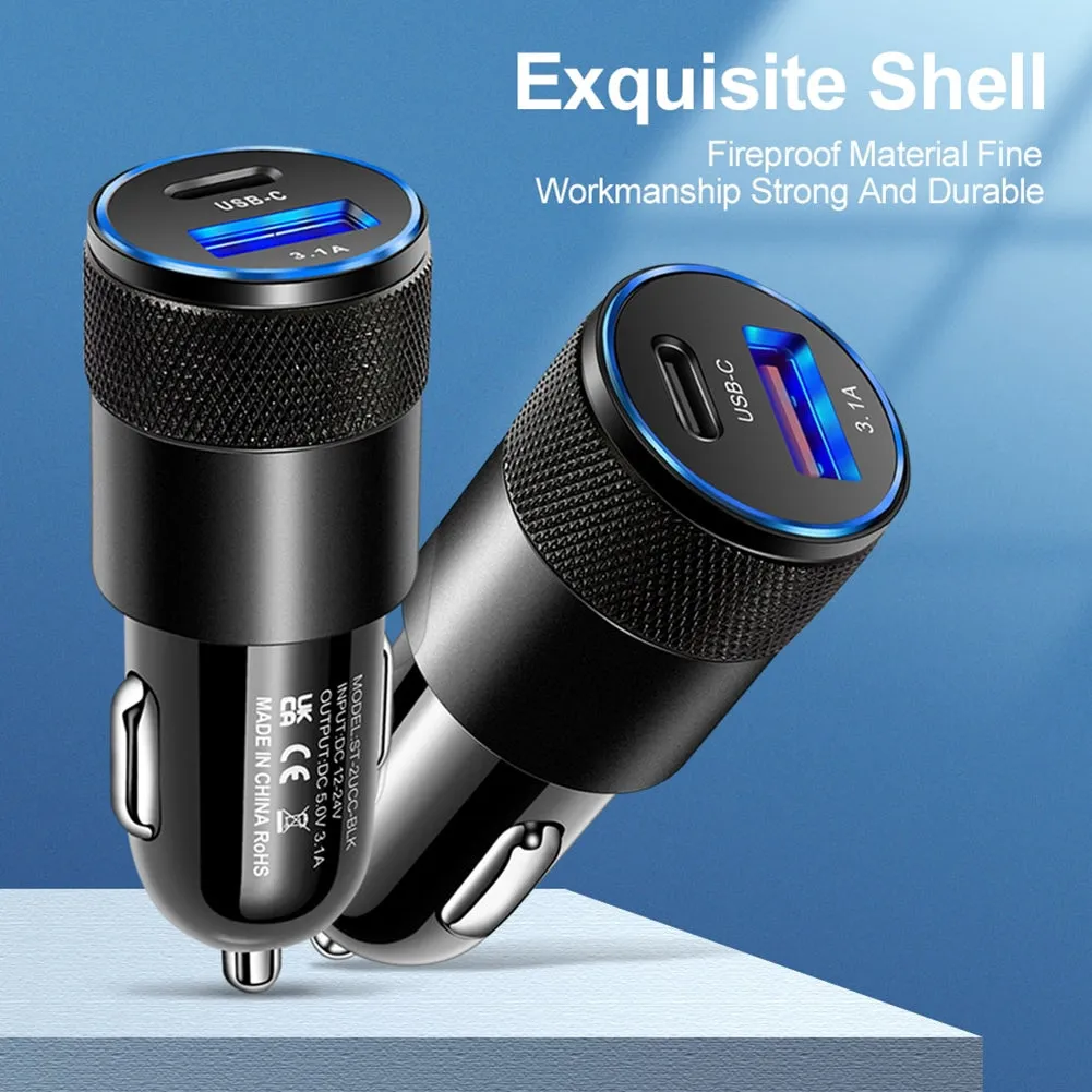 3.1A USB PD Car Charger 1 To 2 Threaded Plug Mini Portable