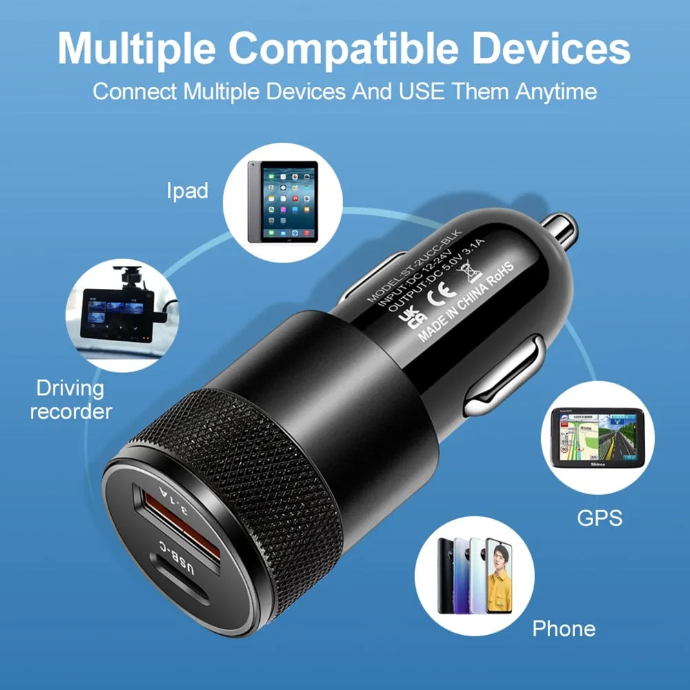 3.1A USB PD Car Charger 1 To 2 Threaded Plug Mini Portable