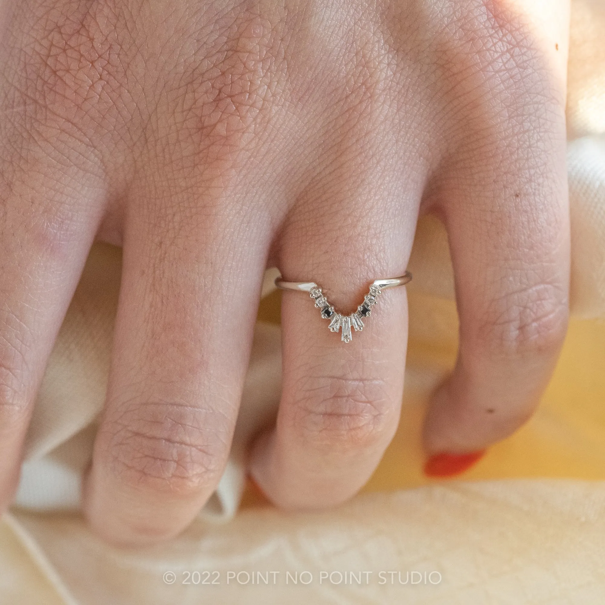 Baguette Diamond Wedding Band, Small Ombre Wren Setting, 14K White Gold