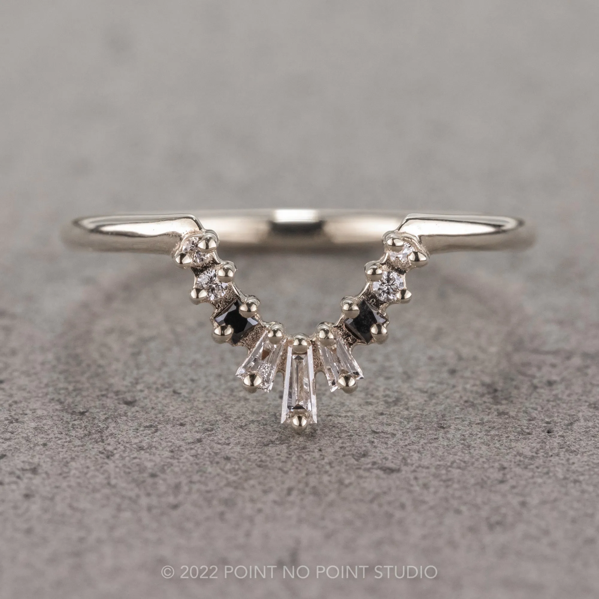 Baguette Diamond Wedding Band, Small Ombre Wren Setting, 14K White Gold