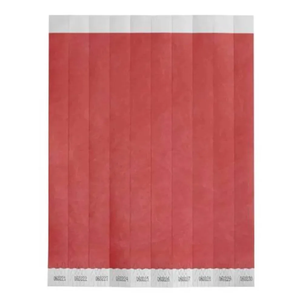 Bar Maid WB-100R-S No Tear Wristbands, 3/4"W X 9.5"L Tyvek, Sequentially Numbered — Red Solid, 500 Bands/Pack