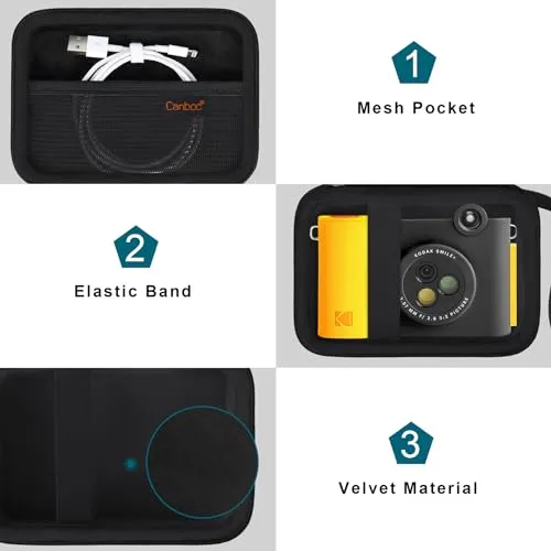 Canboc Carrying Case Compatible with KODAK Smile  Wireless Digital Instant Print Camera, Mesh Pocket fit Photo Paper, USB Cable, Black (Case Only)