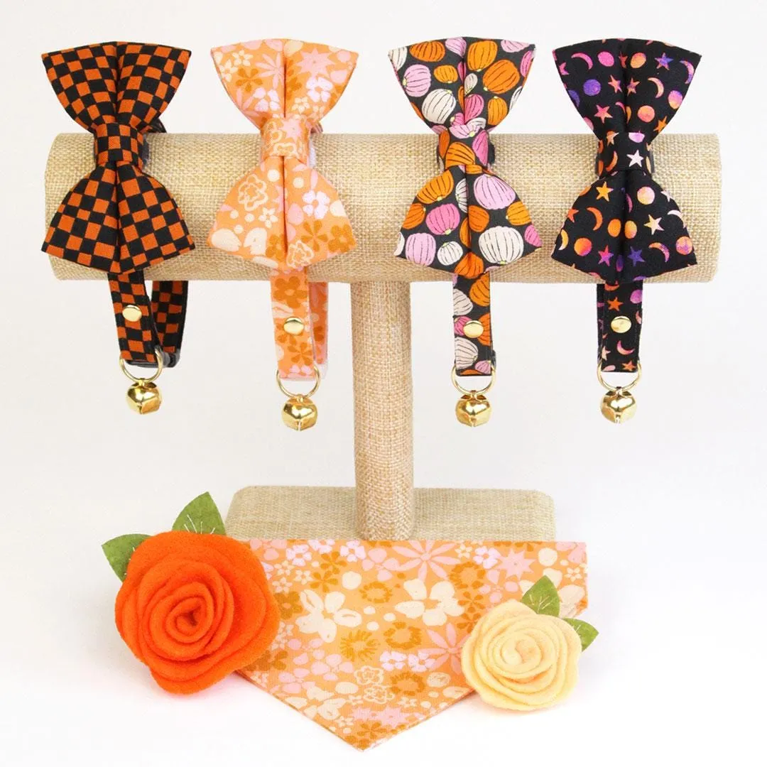 Cat Bow Tie - "Peachy Keen" - Pink Orange 60s Retro Floral Bow Tie for Cat / Fall, Spring / Cat   Small Dog Bowtie