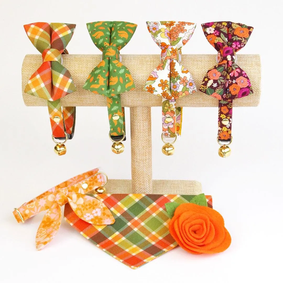 Cat Bow Tie - "Peachy Keen" - Pink Orange 60s Retro Floral Bow Tie for Cat / Fall, Spring / Cat   Small Dog Bowtie