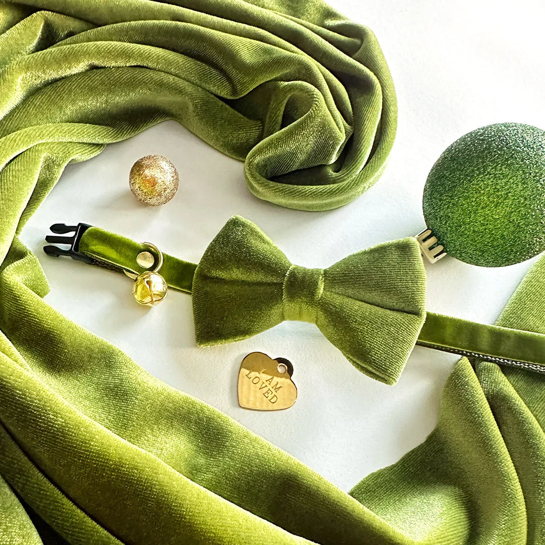 Cat Bow Tie - "Velvet - Leaf Green"  - Vibrant Olive Green Velvet Bowtie / Wedding / For Cats   Small Dogs / Removable (One Size)