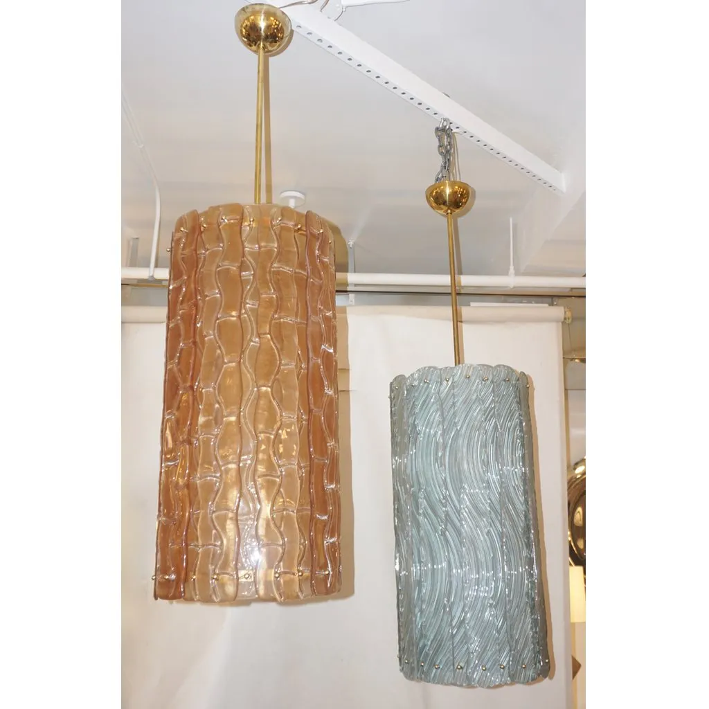 Contemporary Italian Amber Crystal Murano Glass Tall Brass Lantern / Chandelier