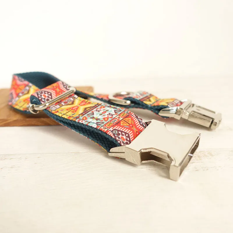 Custom Bohemian Dog Collar Set with Name Engraved Metal Buckle Cyan