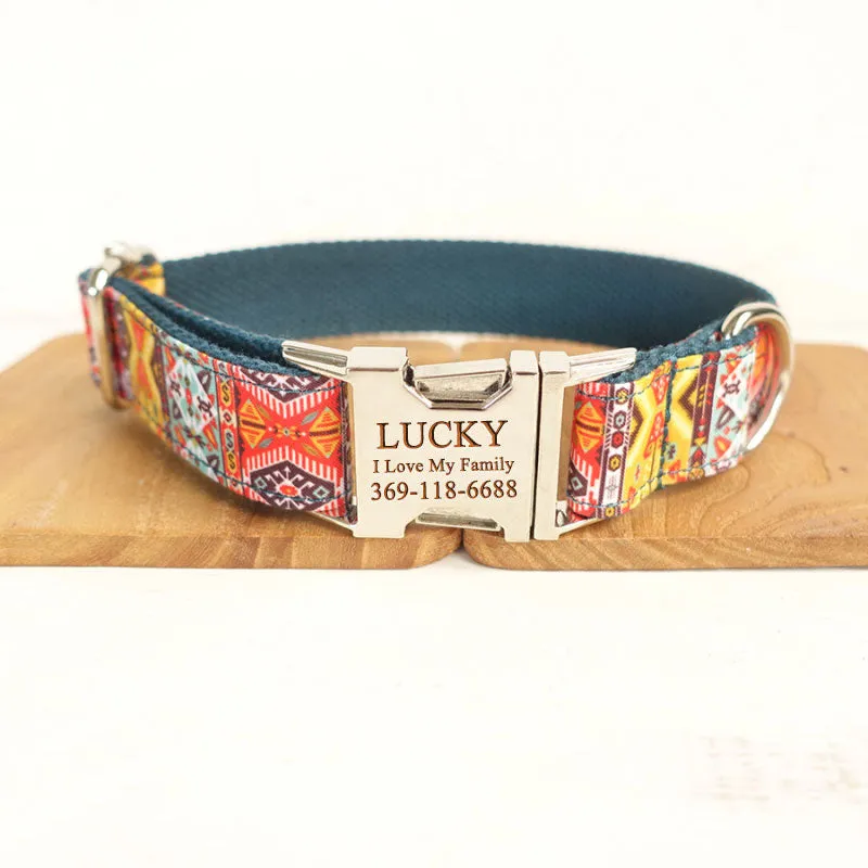 Custom Bohemian Dog Collar Set with Name Engraved Metal Buckle Cyan