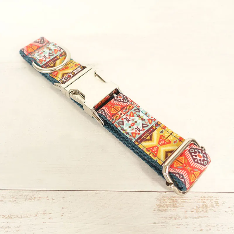 Custom Bohemian Dog Collar Set with Name Engraved Metal Buckle Cyan