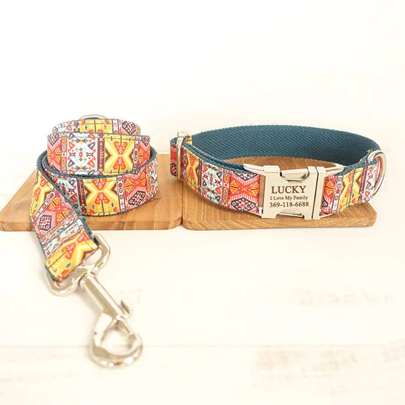 Custom Bohemian Dog Collar Set with Name Engraved Metal Buckle Cyan