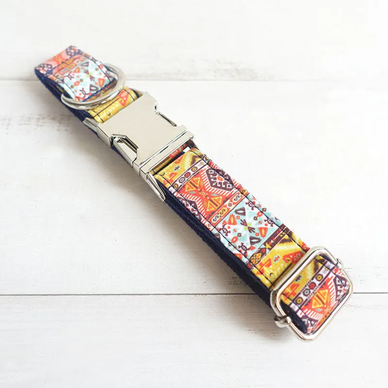 Custom Dog Collar Set with Name Engraved Metal Buckle Blue Bohemian