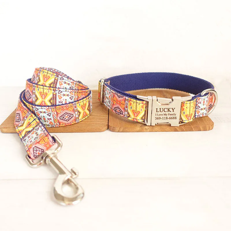 Custom Dog Collar Set with Name Engraved Metal Buckle Blue Bohemian