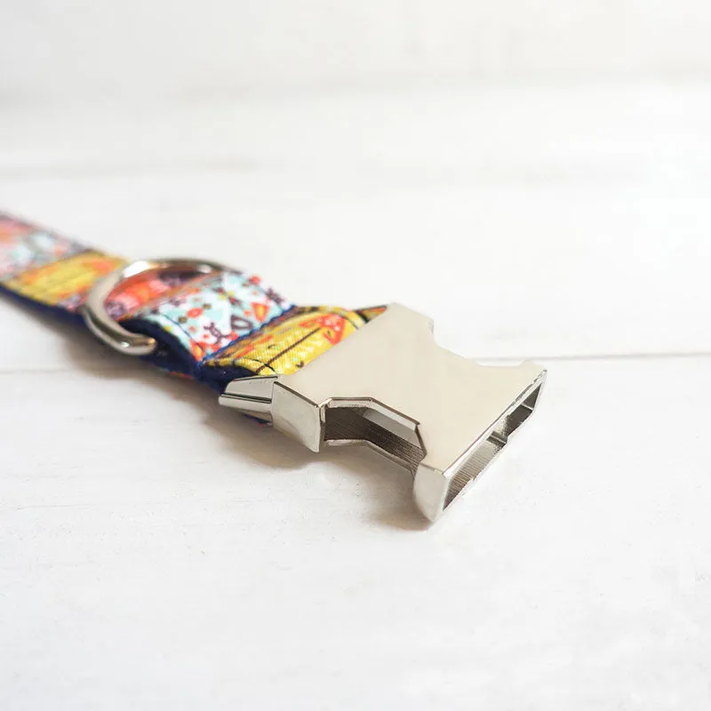 Custom Dog Collar Set with Name Engraved Metal Buckle Blue Bohemian