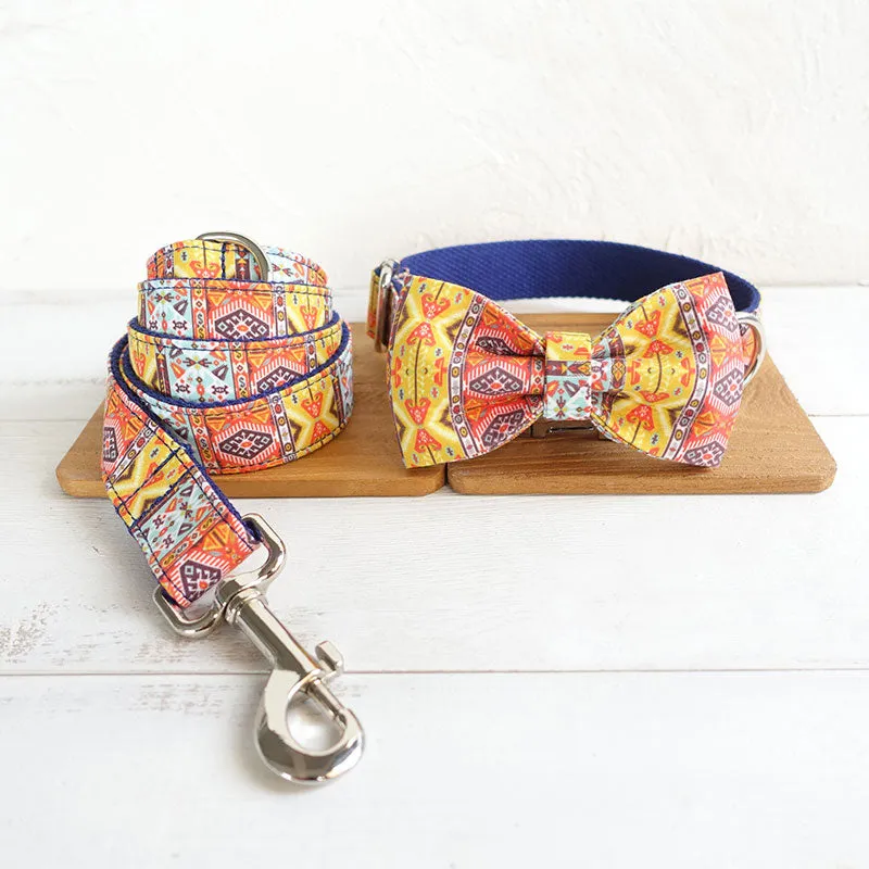 Custom Dog Collar Set with Name Engraved Metal Buckle Blue Bohemian