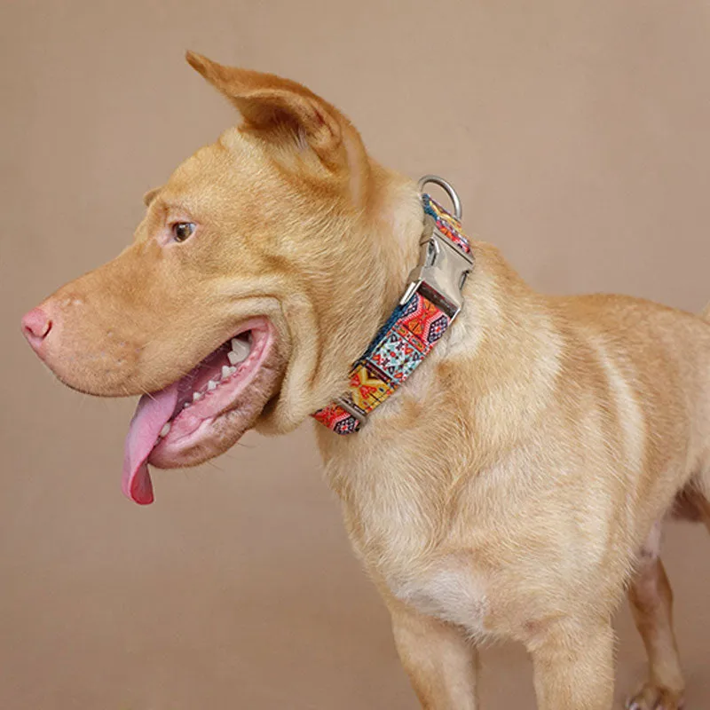 Custom Dog Collar Set with Name Engraved Metal Buckle Blue Bohemian