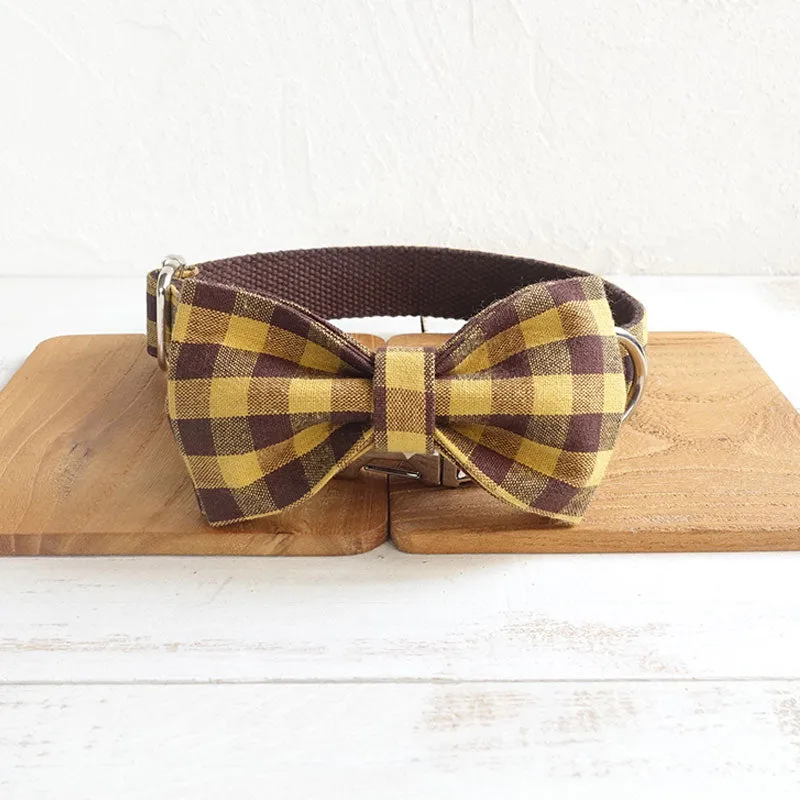 Custom Dog Collar Set with Name Engraved Metal Buckle Cute Yellow Plaid