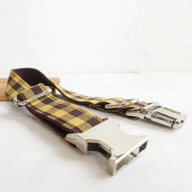 Custom Dog Collar Set with Name Engraved Metal Buckle Cute Yellow Plaid