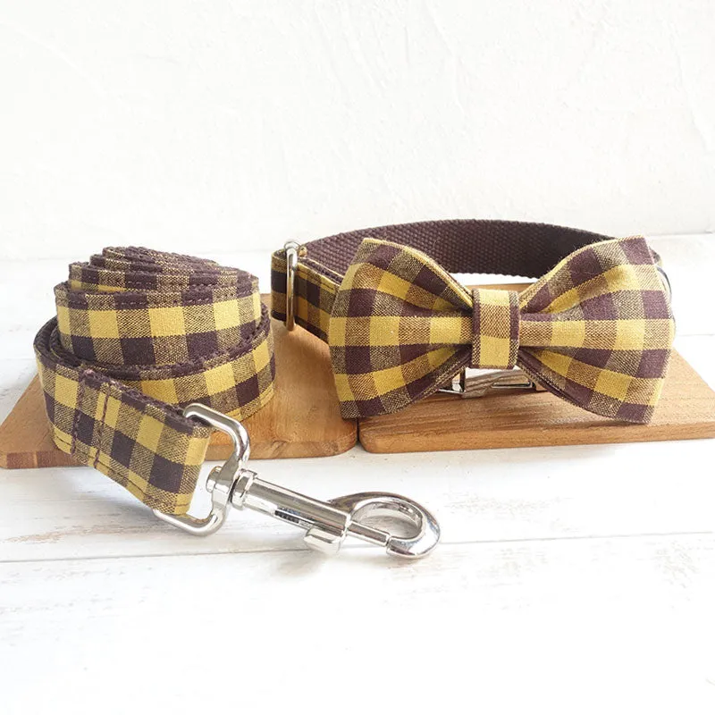 Custom Dog Collar Set with Name Engraved Metal Buckle Cute Yellow Plaid