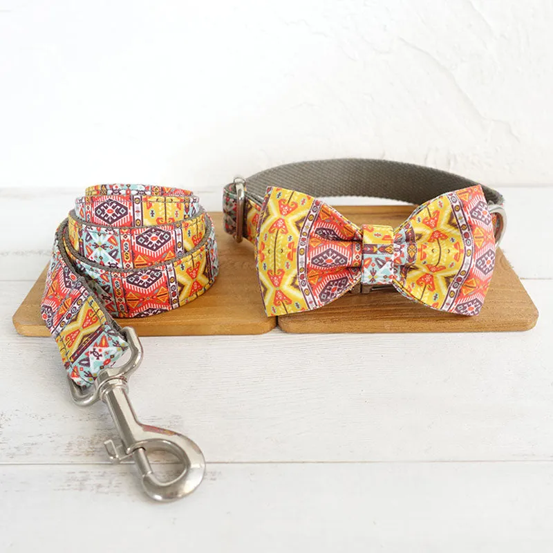 Custom Dog Collar Set with Name Engraved Metal Buckle Grey Bohemian
