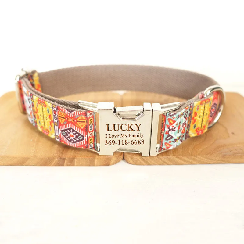 Custom Dog Collar Set with Name Engraved Metal Buckle Grey Bohemian