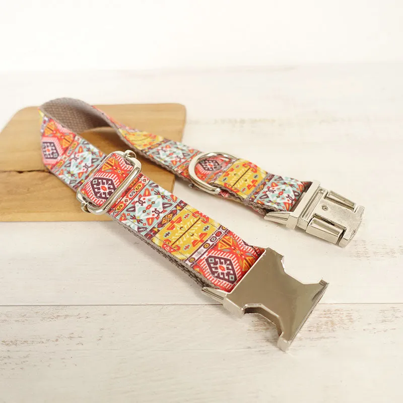 Custom Dog Collar Set with Name Engraved Metal Buckle Grey Bohemian
