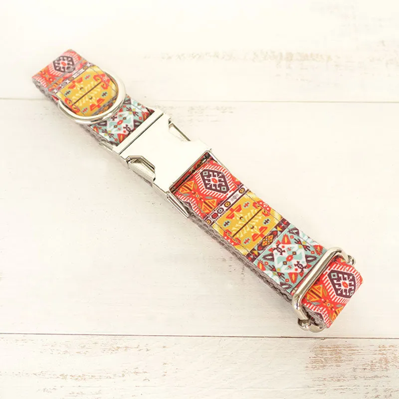 Custom Dog Collar Set with Name Engraved Metal Buckle Grey Bohemian