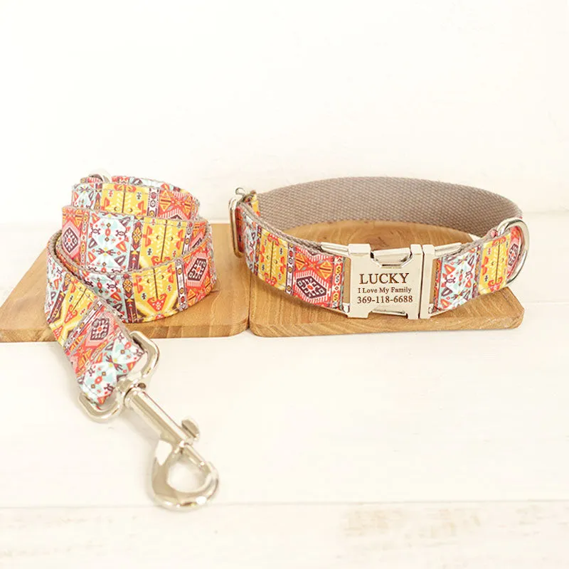 Custom Dog Collar Set with Name Engraved Metal Buckle Grey Bohemian