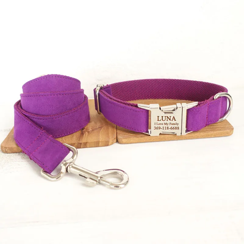 Custom Dog Collar with Matching Dog Leash Bow Tie Set Purple Velvet Metal Buckle