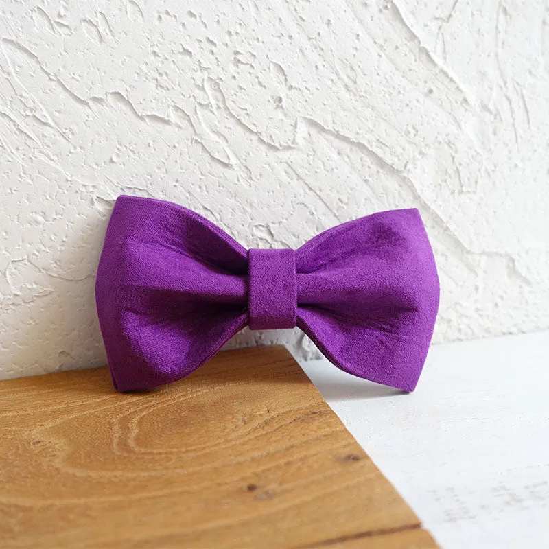 Custom Dog Collar with Matching Dog Leash Bow Tie Set Purple Velvet Metal Buckle