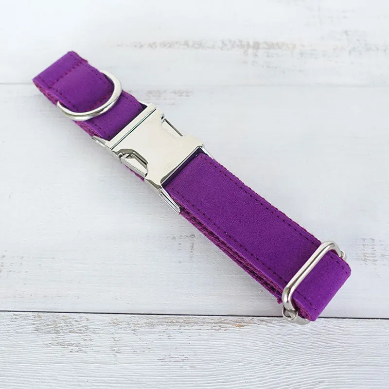 Custom Dog Collar with Matching Dog Leash Bow Tie Set Purple Velvet Metal Buckle