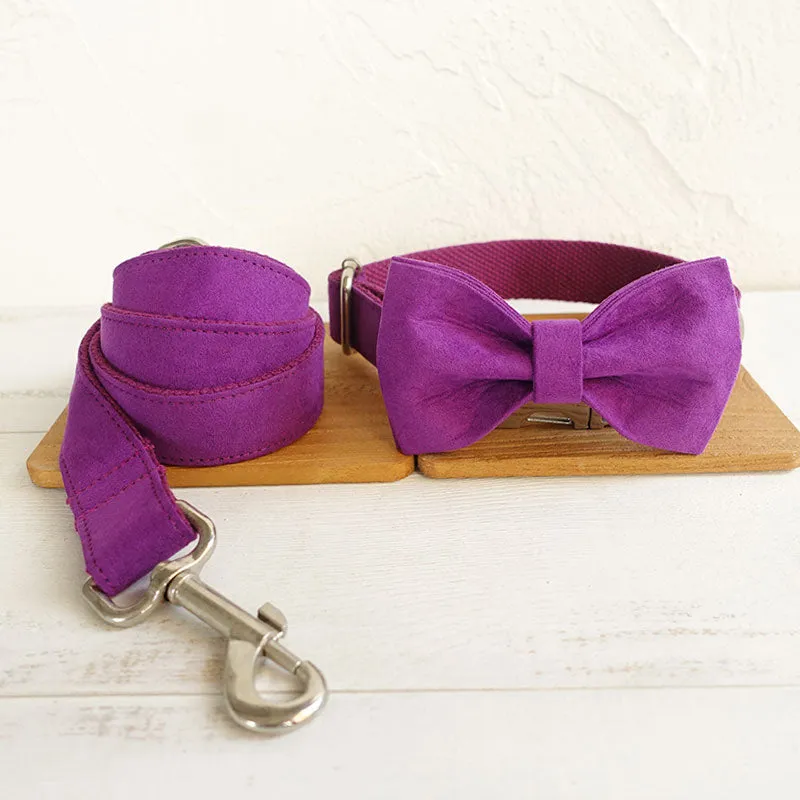 Custom Dog Collar with Matching Dog Leash Bow Tie Set Purple Velvet Metal Buckle