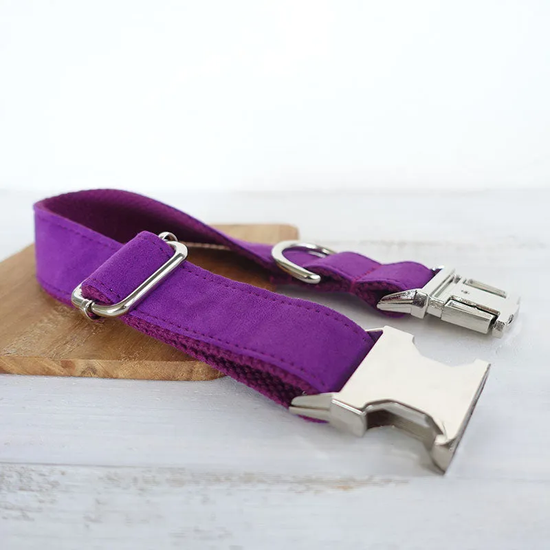 Custom Dog Collar with Matching Dog Leash Bow Tie Set Purple Velvet Metal Buckle