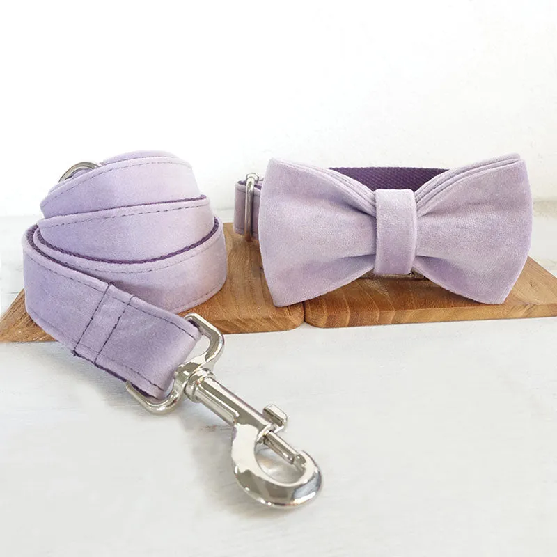 Custom Dog Collar with Matching Dog Leash Bow Tie Thick Light Purple Velvet
