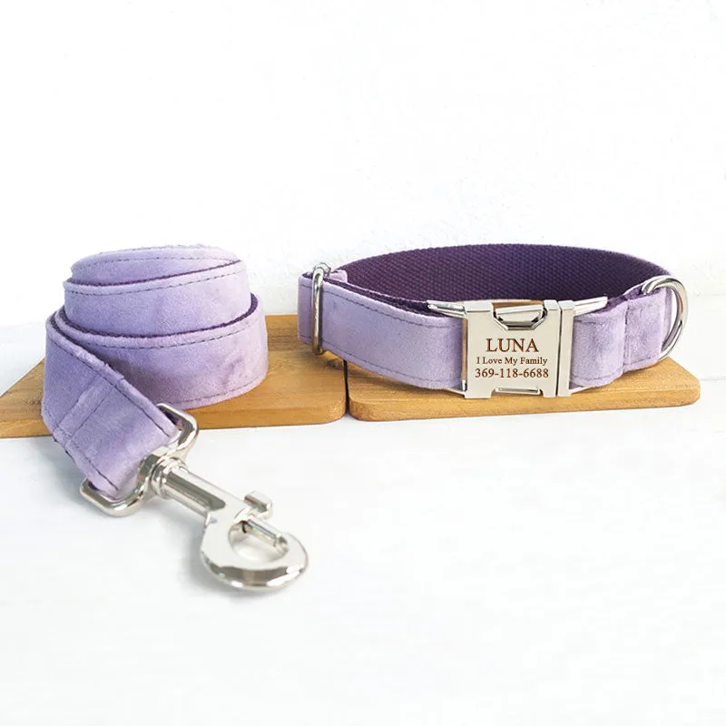 Custom Dog Collar with Matching Dog Leash Bow Tie Thick Light Purple Velvet