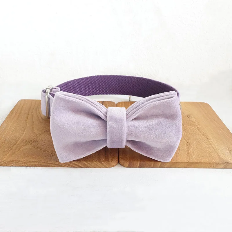 Custom Dog Collar with Matching Dog Leash Bow Tie Thick Light Purple Velvet