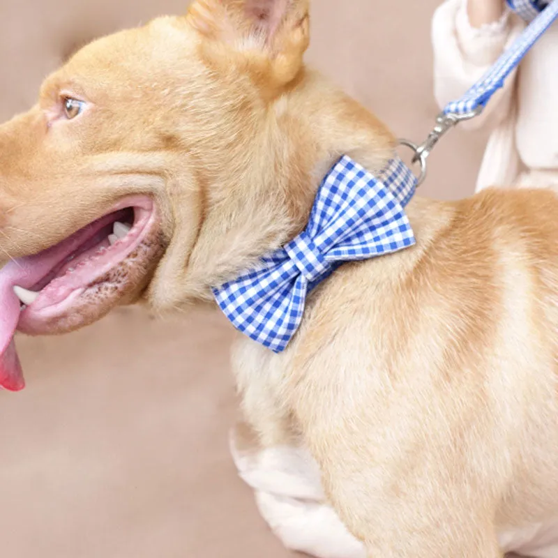 Custom Dog Collar with Matching Leash Bow Tie Blue Plaid Engraved Metal Buckle