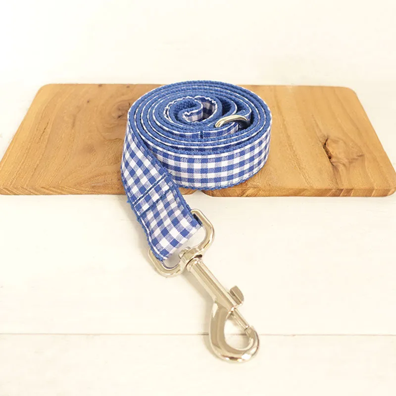 Custom Dog Collar with Matching Leash Bow Tie Blue Plaid Engraved Metal Buckle