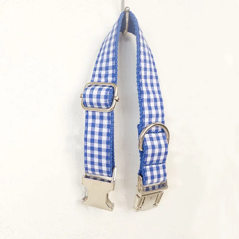 Custom Dog Collar with Matching Leash Bow Tie Blue Plaid Engraved Metal Buckle