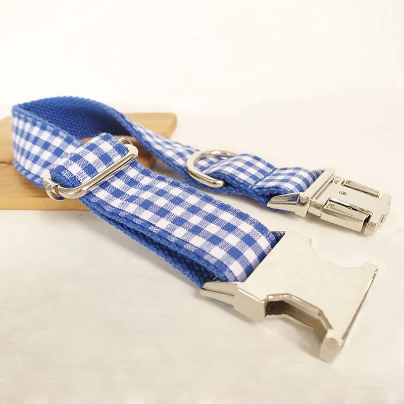 Custom Dog Collar with Matching Leash Bow Tie Blue Plaid Engraved Metal Buckle