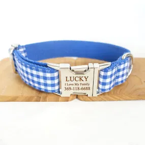 Custom Dog Collar with Matching Leash Bow Tie Blue Plaid Engraved Metal Buckle