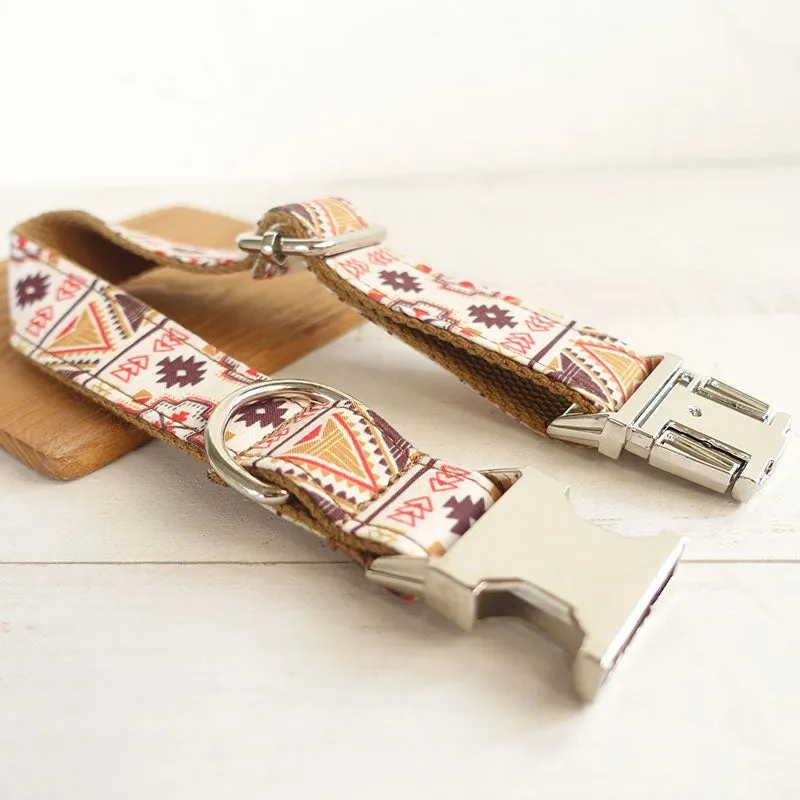 Custom Dog Collar with Name Engraved Metal Buckle Brown Ethnic