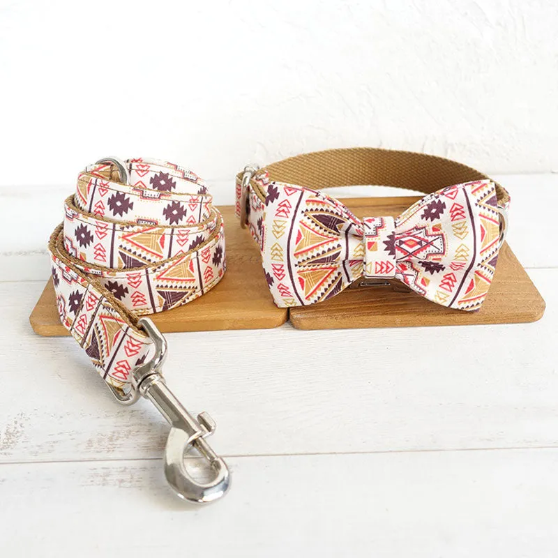 Custom Dog Collar with Name Engraved Metal Buckle Brown Ethnic