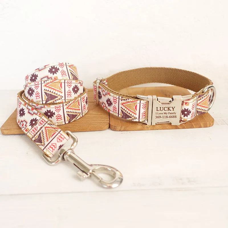 Custom Dog Collar with Name Engraved Metal Buckle Brown Ethnic