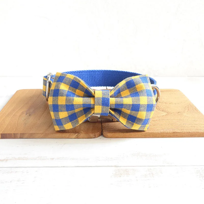 Custom Dog Collar with Name Engraved Metal Buckle Cute Leash Bow Tie Blue Plaid