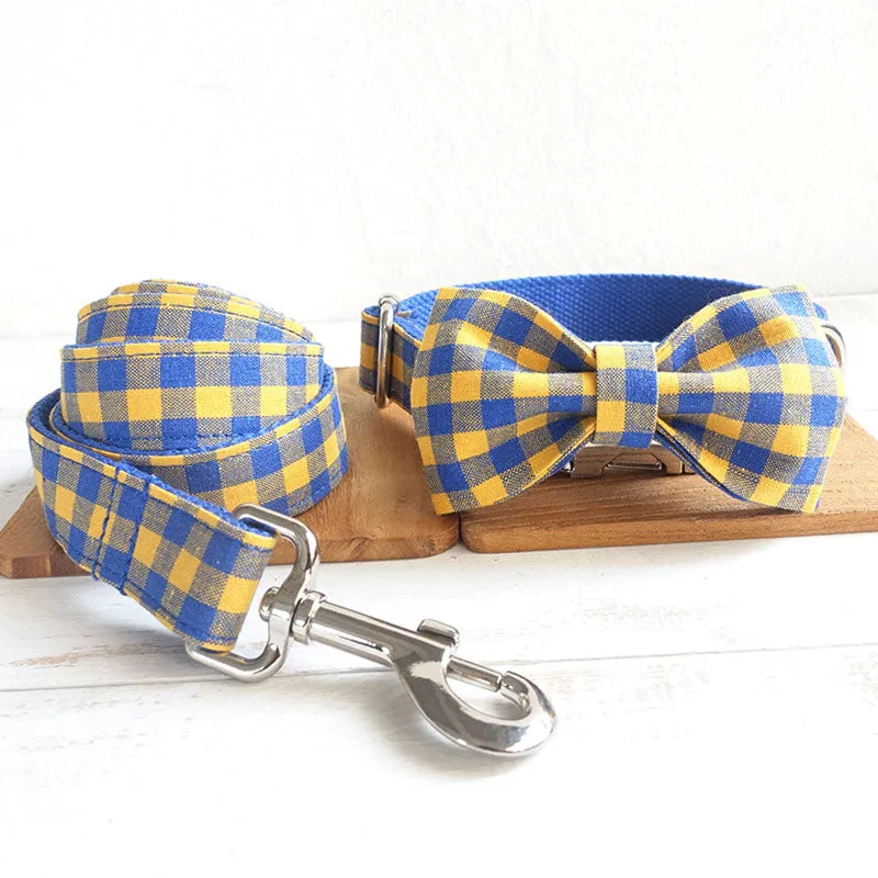 Custom Dog Collar with Name Engraved Metal Buckle Cute Leash Bow Tie Blue Plaid
