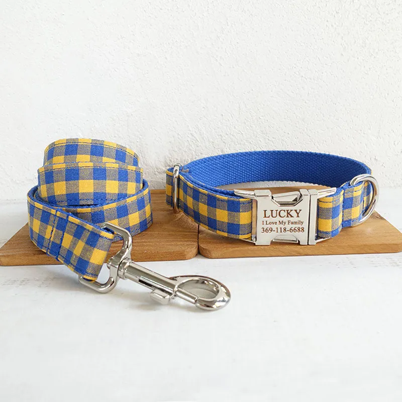 Custom Dog Collar with Name Engraved Metal Buckle Cute Leash Bow Tie Blue Plaid