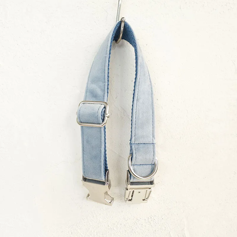 Custom Dog Collar with Name Engraved Metal Buckle Soft Cute Velvet Sky Blue