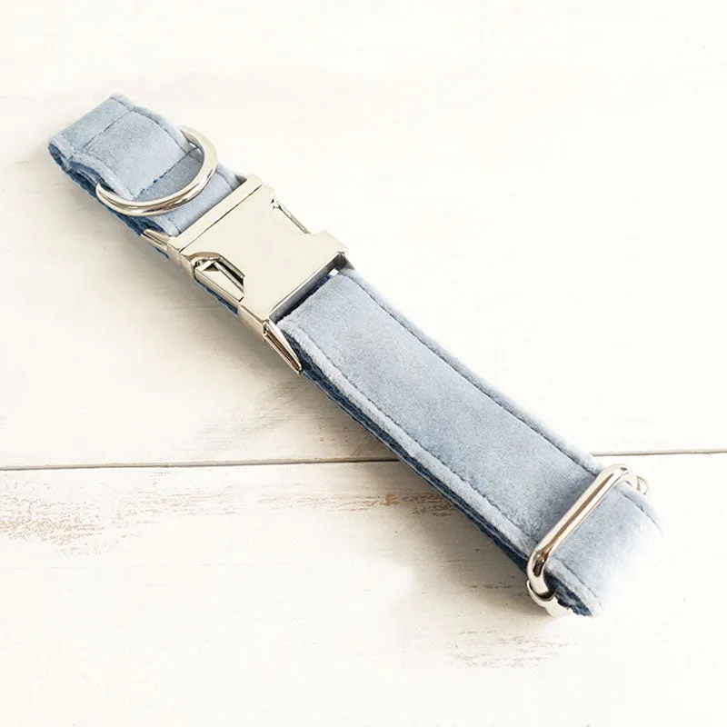 Custom Dog Collar with Name Engraved Metal Buckle Soft Cute Velvet Sky Blue
